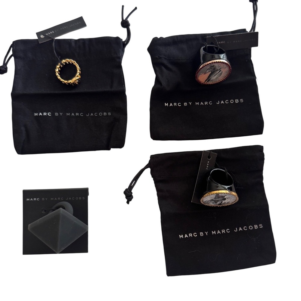 Marc by‎ Marc Jacobs Ring Set 4pc Gold Logo Zebra Dog Portrait Pyramid NEW